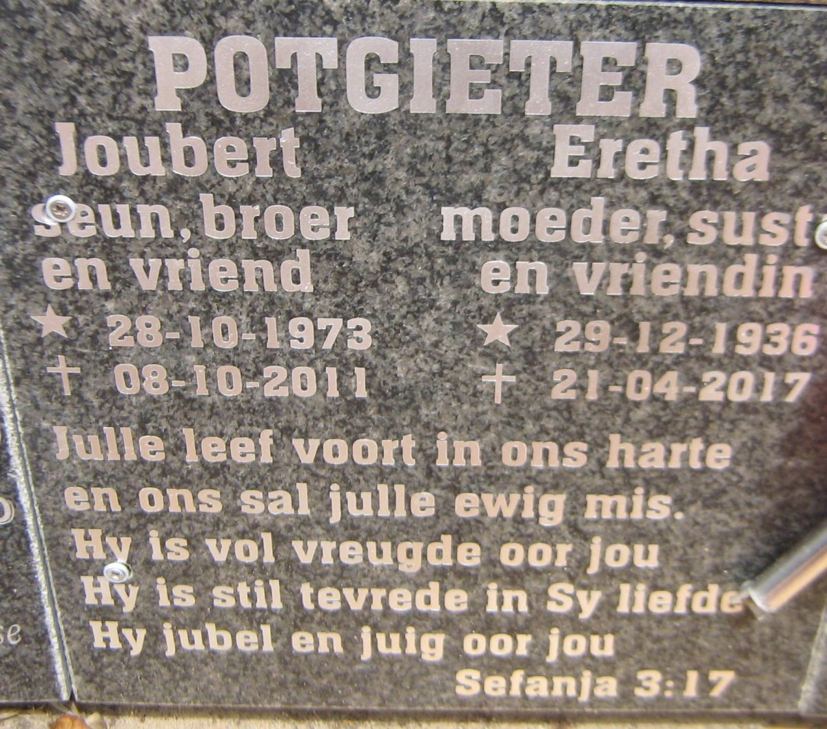 POTGIETER Eretha 1936-2017 :: POTGIETER Joubert 1973-2011