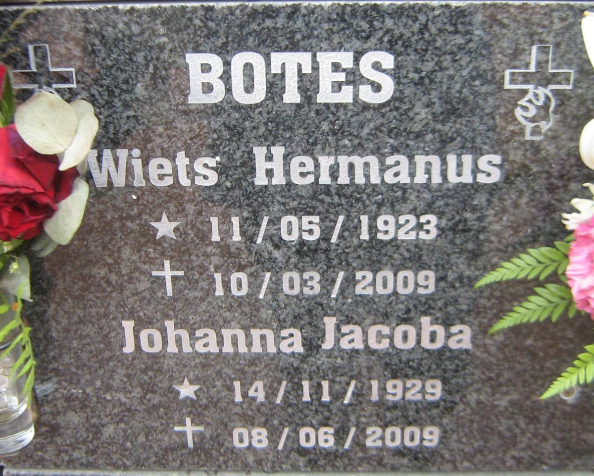 BOTES Wiets Hermanus 1923-2009 &amp; Johanna Jacoba 1929-2009