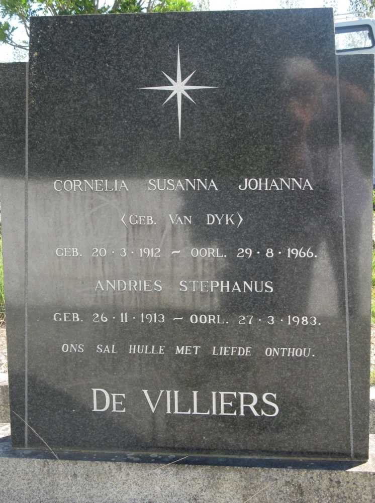 VILLIERS Andries Stephanus, de 1913-1983 &amp; Cornelia Susanna Johanna VAN DYK 1912-1966