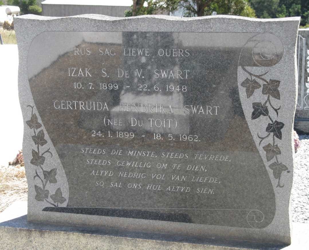 SWART Izak S. de V. 1899-1948 &amp; Gertruida Hendrika DU TOIT 1899-1962