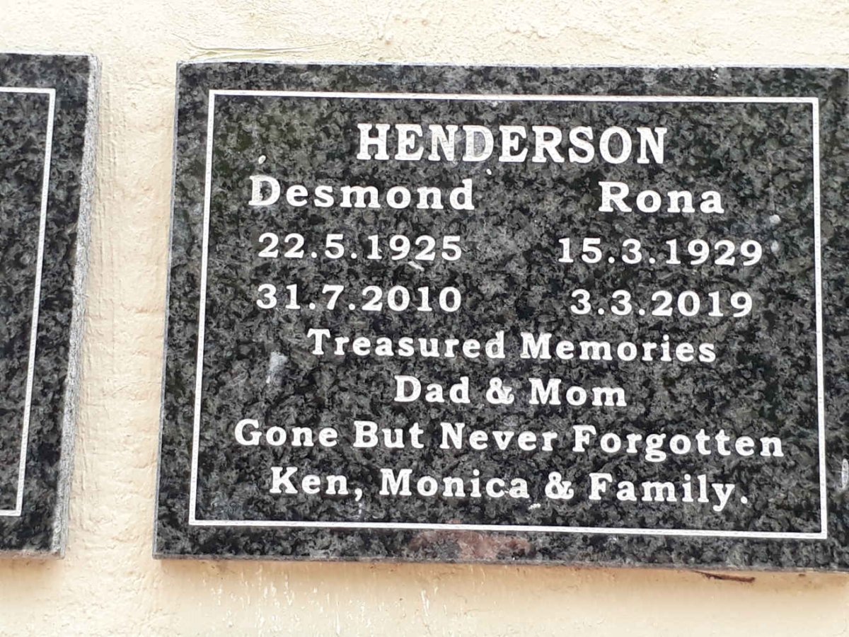 HENDERSON Desmond 1925-2010 &amp; Rona 1929-2019