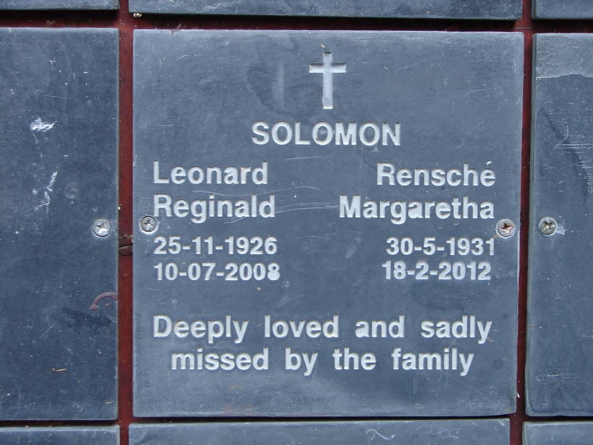 SOLOMON Leonard Reginald 1926-2008 &amp; Rensche Margaretha 1931-2012
