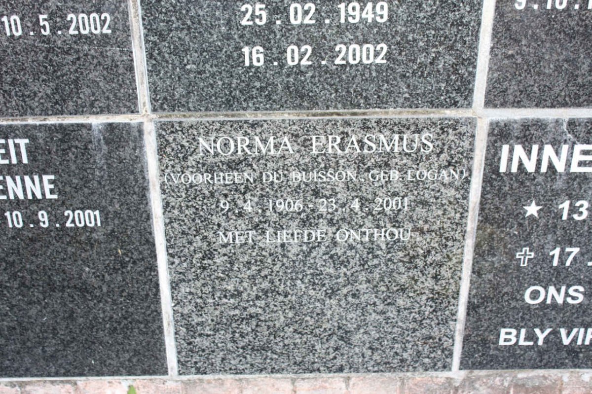 ERASMUS Norma formerly DU BUISSON nee LOGAN 1906-2001