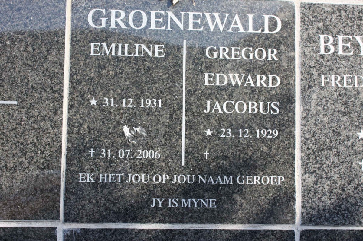 GROENEWALD Gregor Edward Jacobus 1929- &amp; Emiline 1931-2006