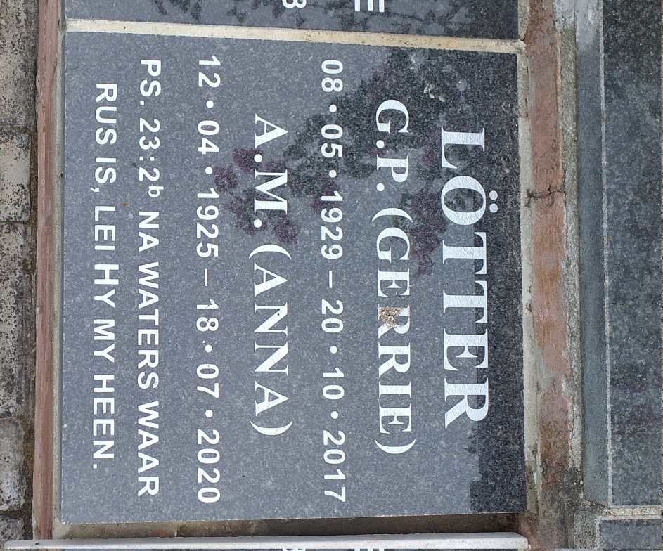 LOTTER G.P. 1929-2017 &amp; A.M. 1925-2020