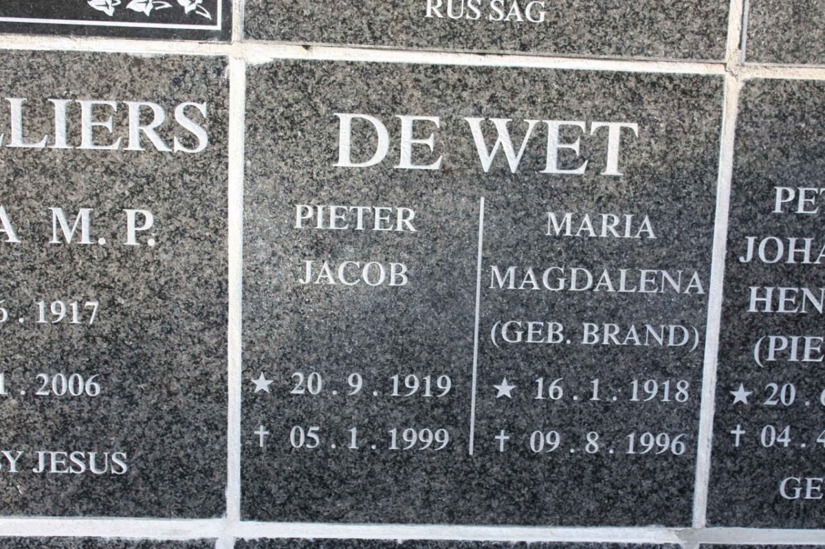 WET Pieter Jacob, de 1919-1999 &amp; Maria Magdalena BRAND 1918-1996