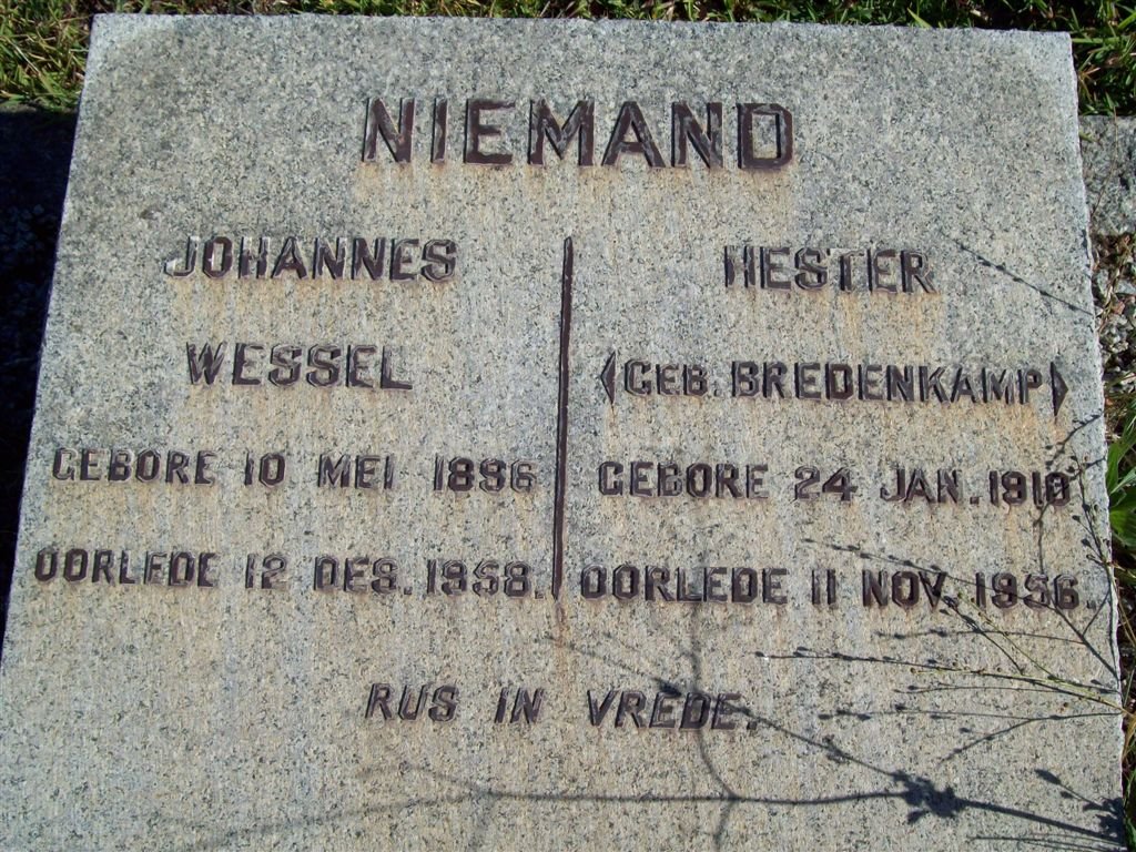 NIEMAND Johannes Wessel 1896-1958 &amp; Hester BREDENKAMP 1910-1956