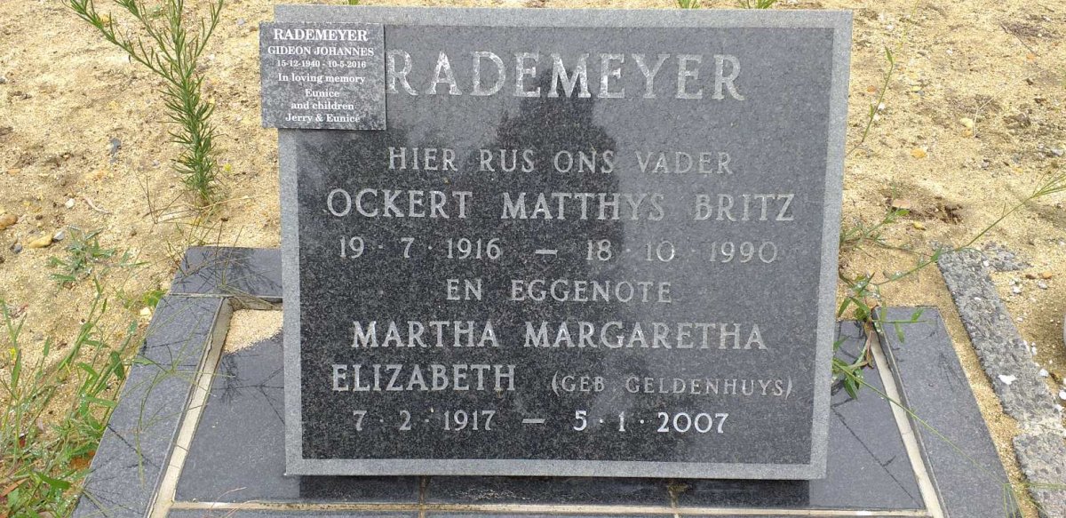 RADEMEYER Ockert Matthys Britz 1916-1990 &amp; Martha Margaretha Elizabeth GELDENHUYS 1917-2007