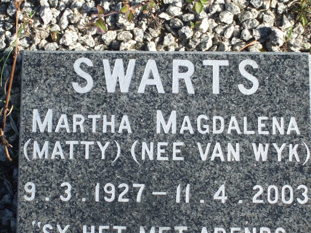 SWARTS Martha Magdalena nee VAN WYK 1927-2003