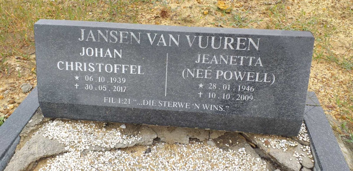 VUUREN Johan Christoffel, Jansen van 1939-2017 &amp; Jeanetta POWELL 1946-2009