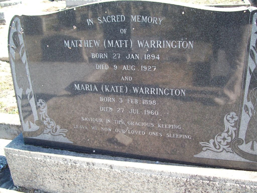 WARRINGTON Matthew 1894-1927 &amp; Maria 1898-1960