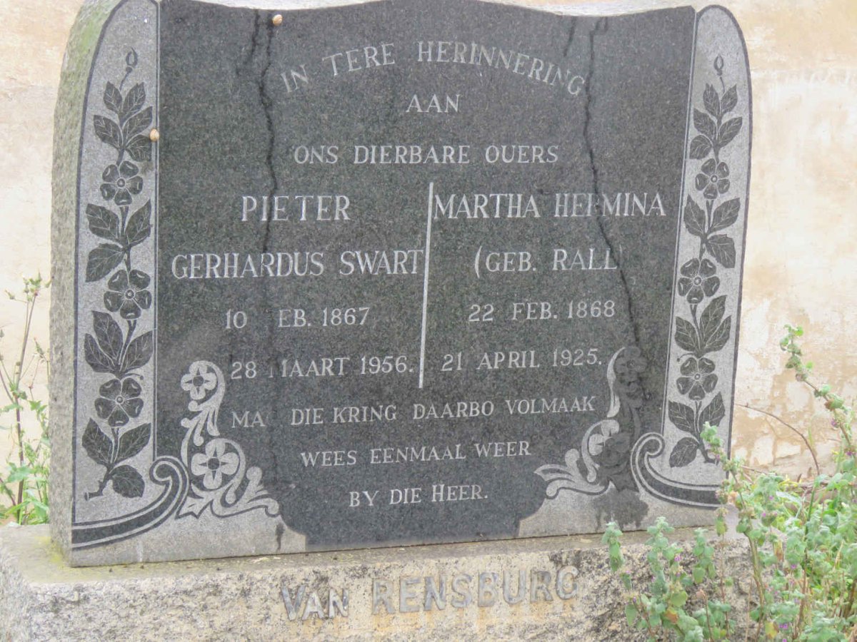 RENSBURG Pieter Gerhardus Swart, van 1869-1956 &amp; Martha Hermina RALL 1868-1925