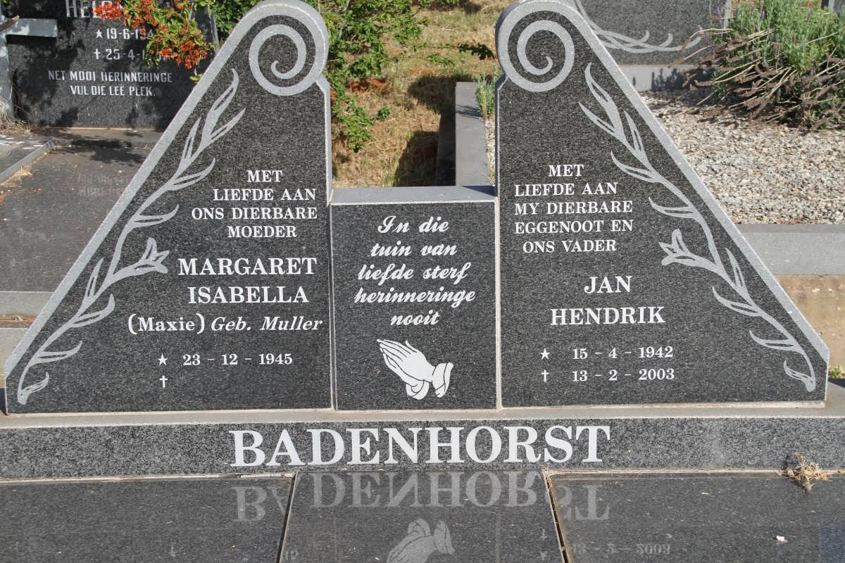 BADENHORST Jan Hendrik 1942-2003 &amp; Margaret Isabella MULLER 1945-