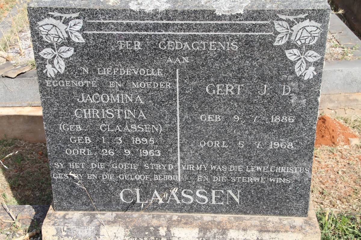 CLAASSEN Gert J.D. 1886-1968 &amp; Jacomina Christina CLAASSEN 1895-1963