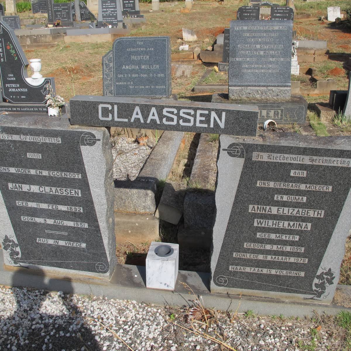 CLAASSEN Jan. J. 1892-1951 &amp; Anna Elizabeth Wilhelmina MEYER 1895-1978