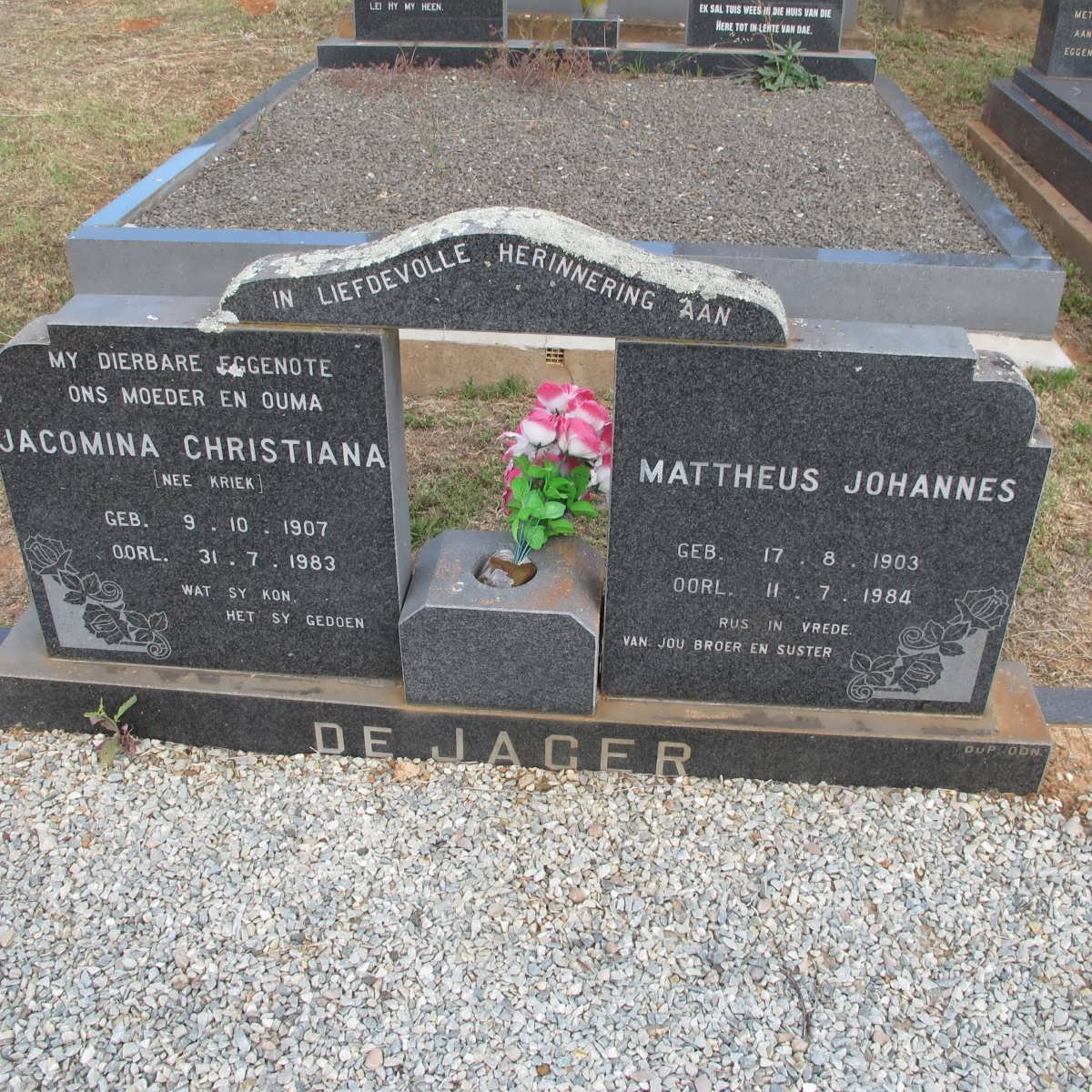 JAGER Mattheus Johannes, de 1903-1984 &amp; Jacomina Christiana KRIEK 1907-1983