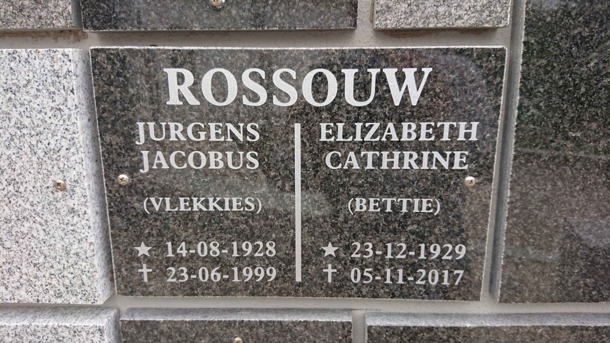 ROSSOUW Jurgens Jacobus 1928-1999 &amp; Elizabeth Cathrine 1929-2017