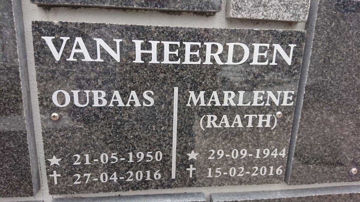 HEERDEN Oubaas, van 1950-2016 &amp; Marlene RAATH 1944-2016