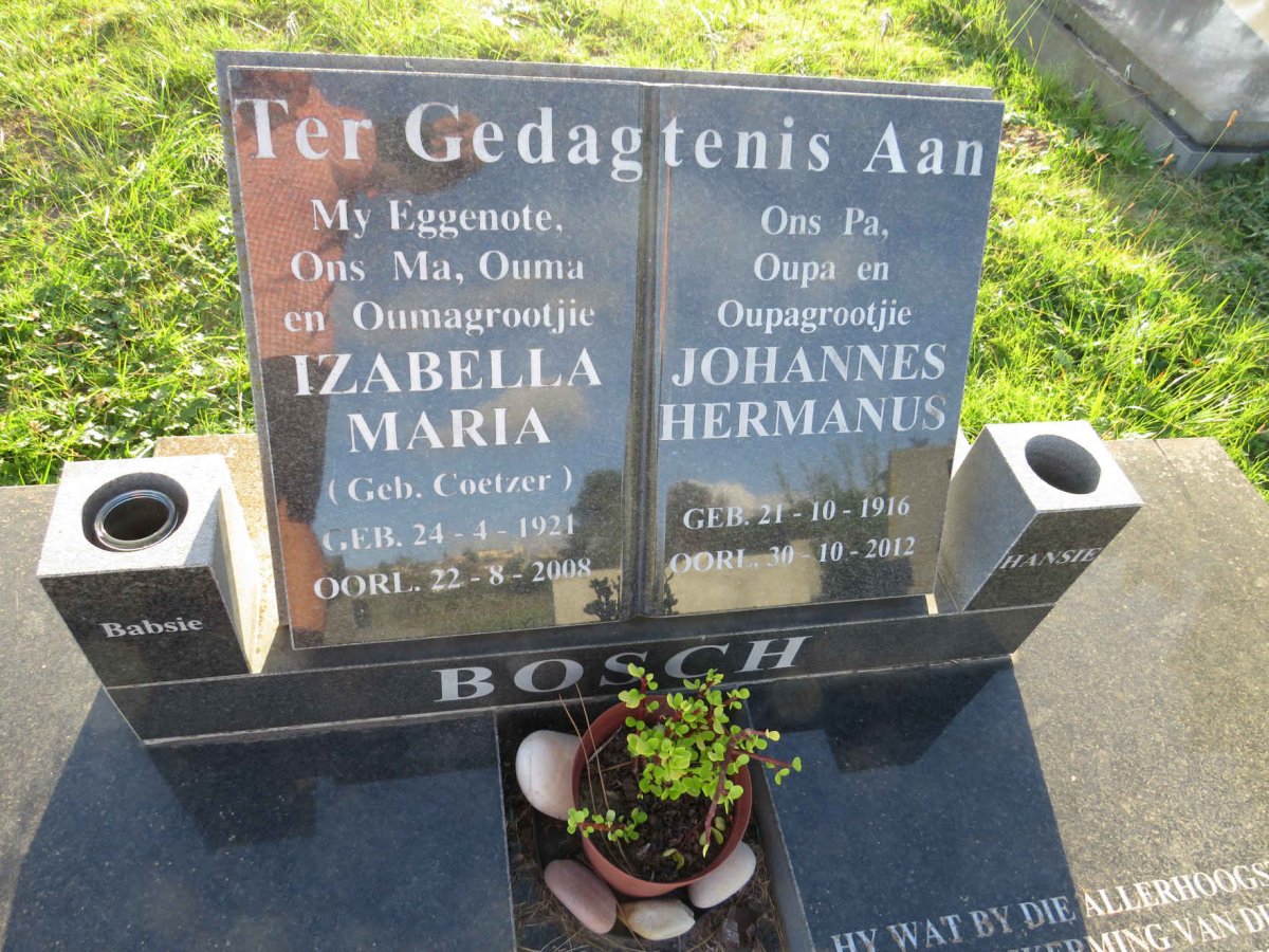 BOSCH Johannes Hermanus 1916-2012 & Izabella Maria Coetzer 1921-2008
