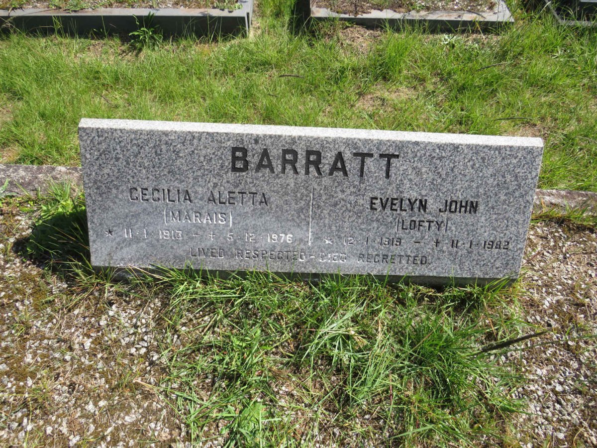 BARRATT Evelyn John 1919-1982 &amp; Cecilia Aletta MARAIS 1913-1976