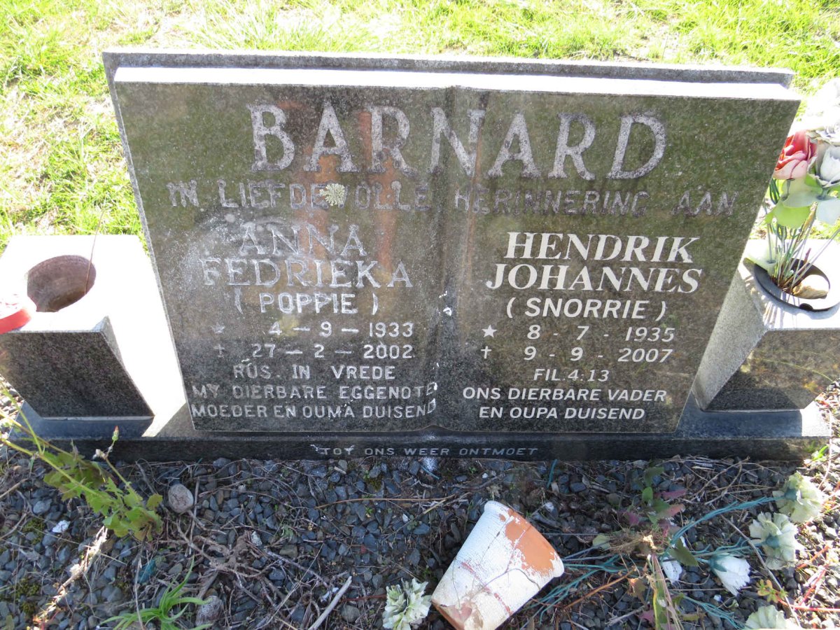 BARNARD Hendrik Johannes 1935-2007 &amp; Anna Fedrieka 1933-2002