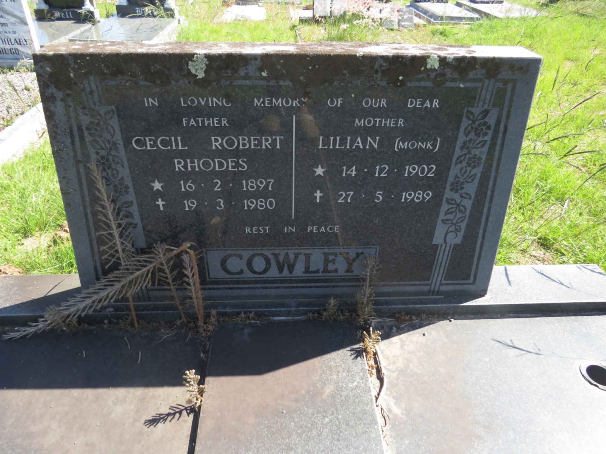 COWLEY Cecil Robert Rhodes 1897-1980 &amp; Lilian MONK 1902-1989