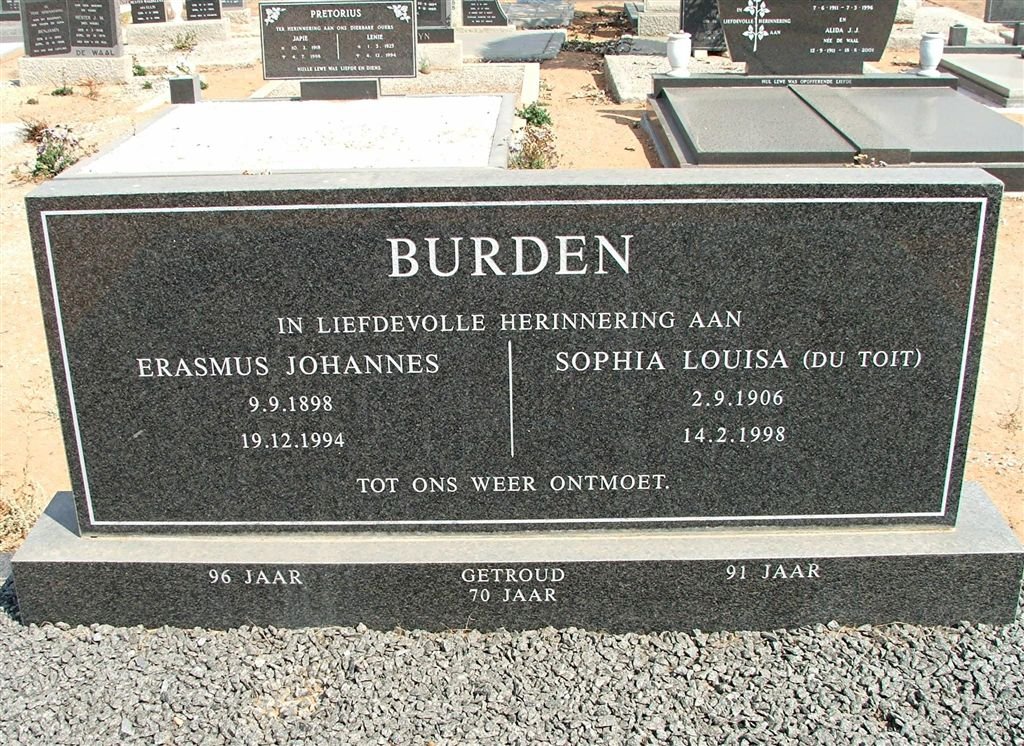 BURDEN Erasmus Johannes 1898-1994 &amp; Sophia Louisa DU TOIT 1906-1998
