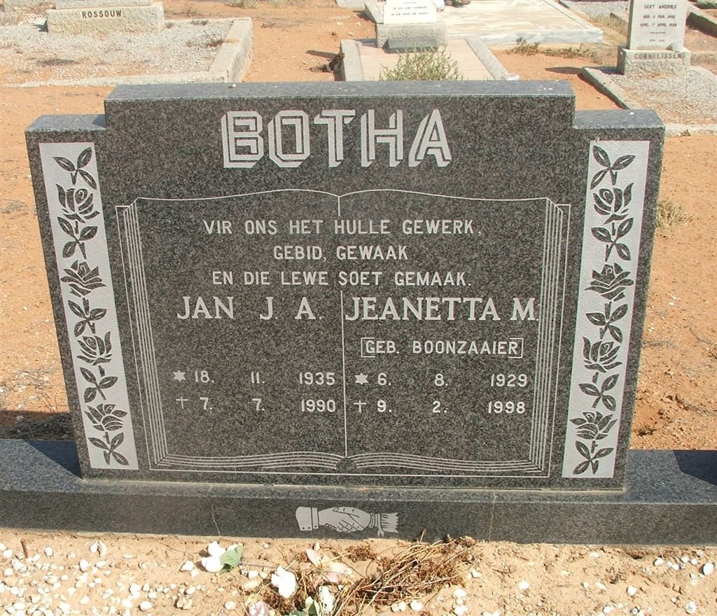 BOTHA Jan J.A. 1935-1990 &amp; Jeanetta M. BOONZAAIER 1929-1998