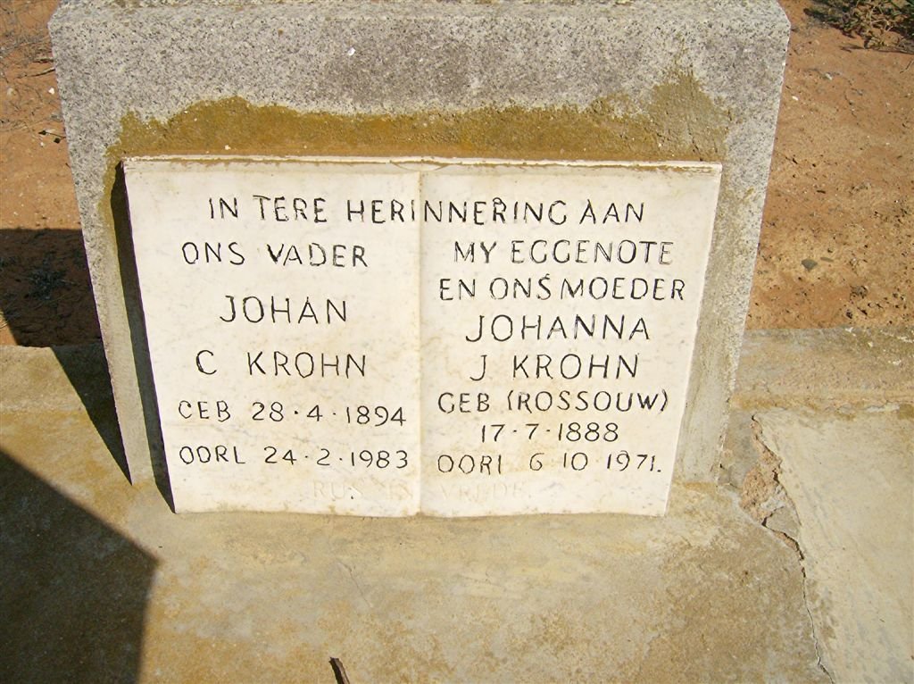 KRÖHN Johan C. 1894-1983 Johanna J. ROSSOUW 1888-1971