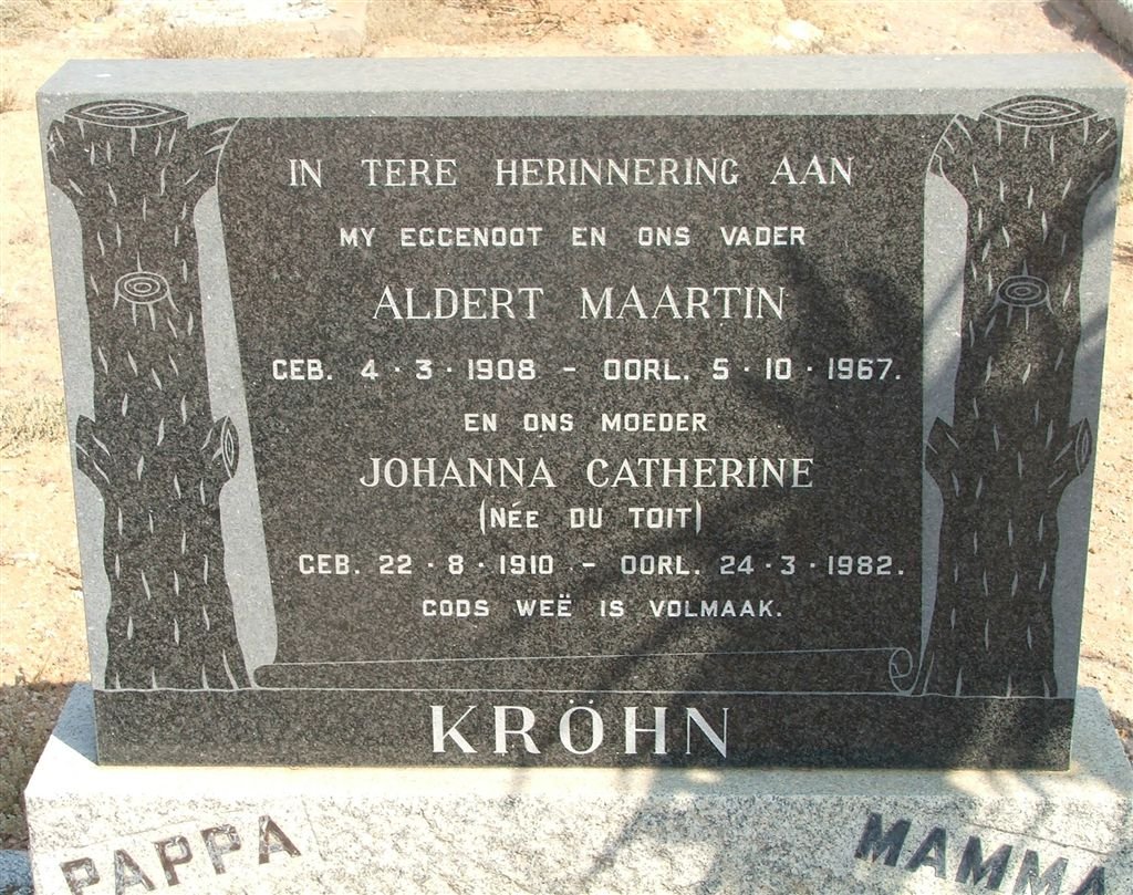 KRÖHN Aldert Maartin 1908-1967 &amp; Johanna Catherine DU TOIT 1910-1982