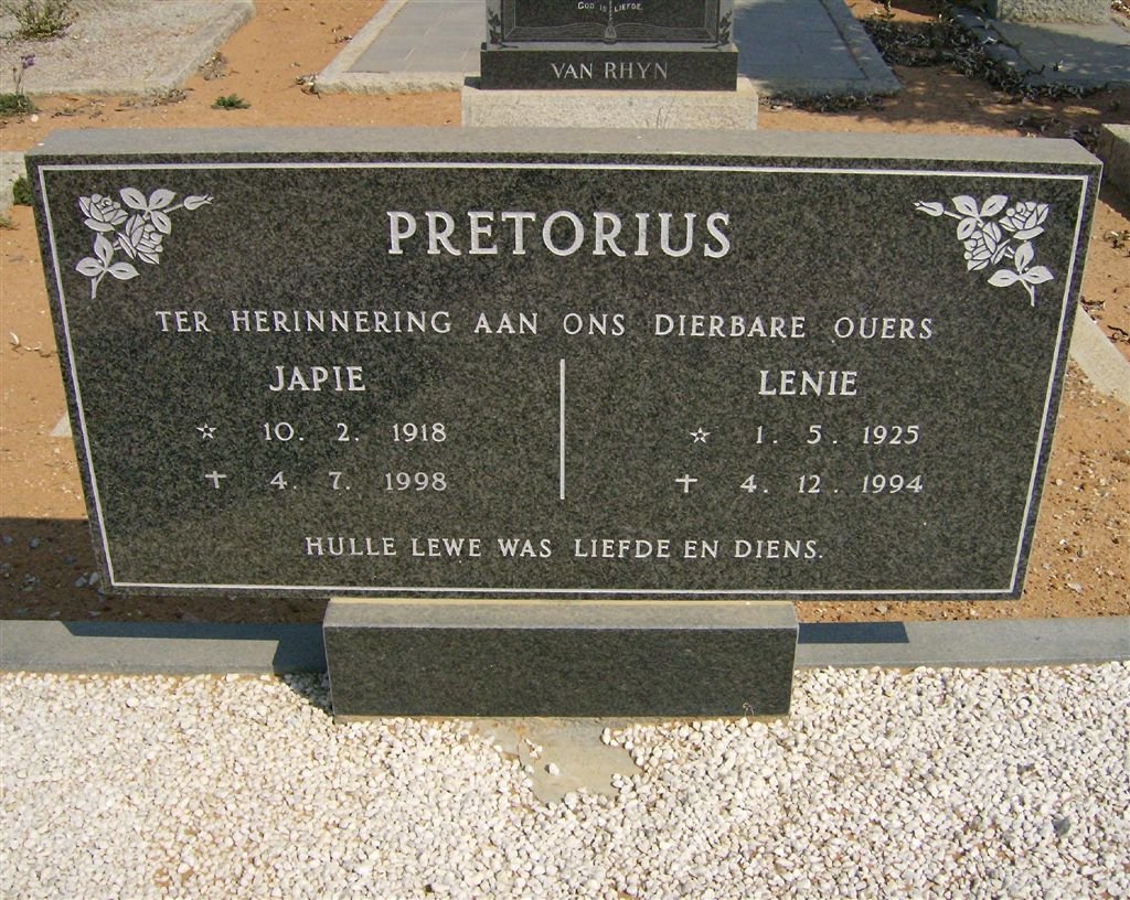 PRETORIUS Japie 1918-1998 &amp; Lenie 1925-1994