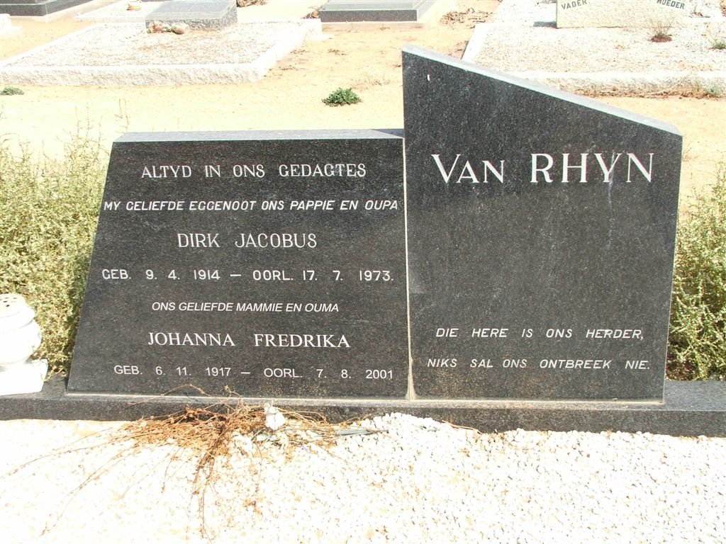 RHYN Dirk Jacobus, van 1914-1973 &amp; Johanna Fredrika 1917-2001