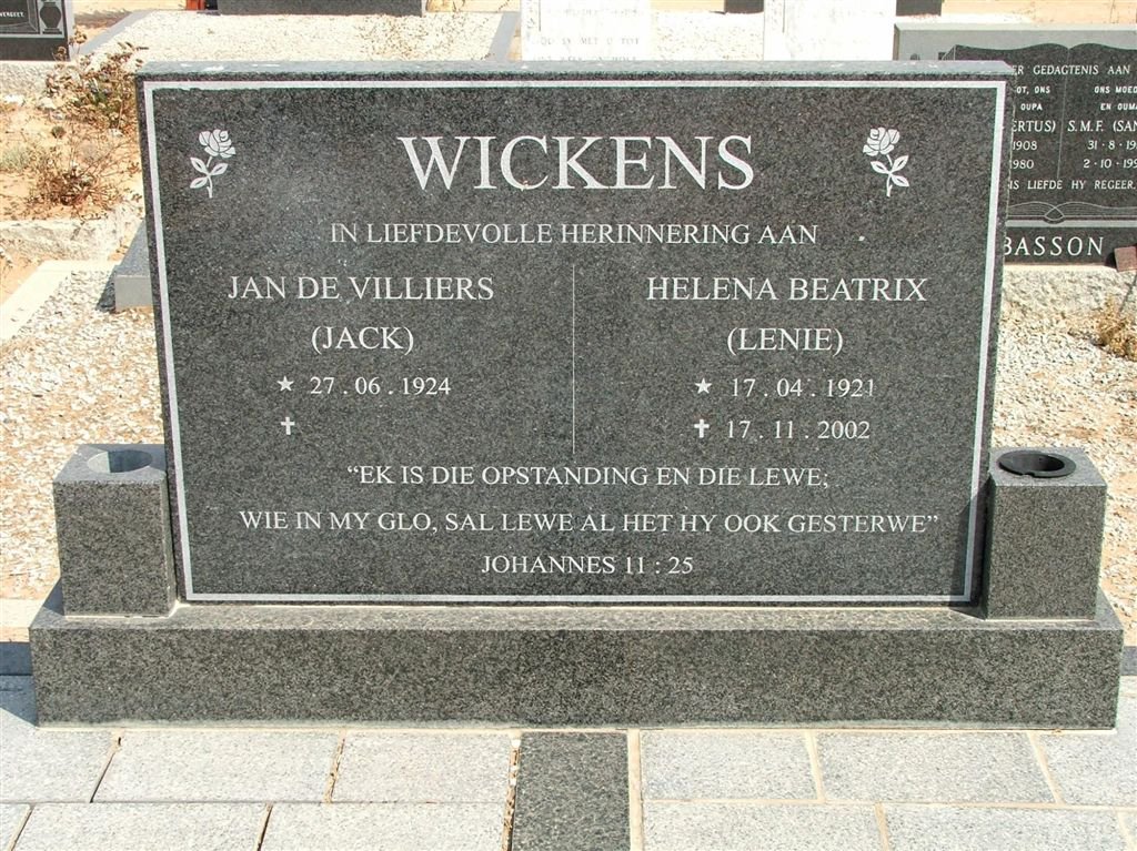 WICKENS Jan de Villiers 1924-  &amp; Helena Beatrix 1921-2002