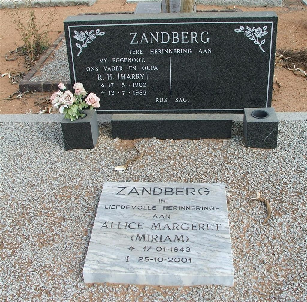 ZANDBERG R.H. 1902-1985 :: ZANDBERG Allice Margeret 1943-2001
