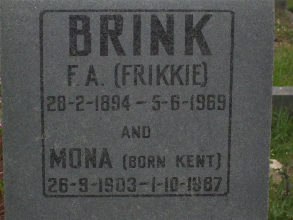 BRINK F.A. 1894-1969 &amp; Mona KENT 1903-1987