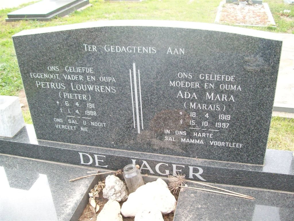 JAGER Petrus Louwrens, de  1911-1988 &amp; Ada Mara MARAIS 1919-1997