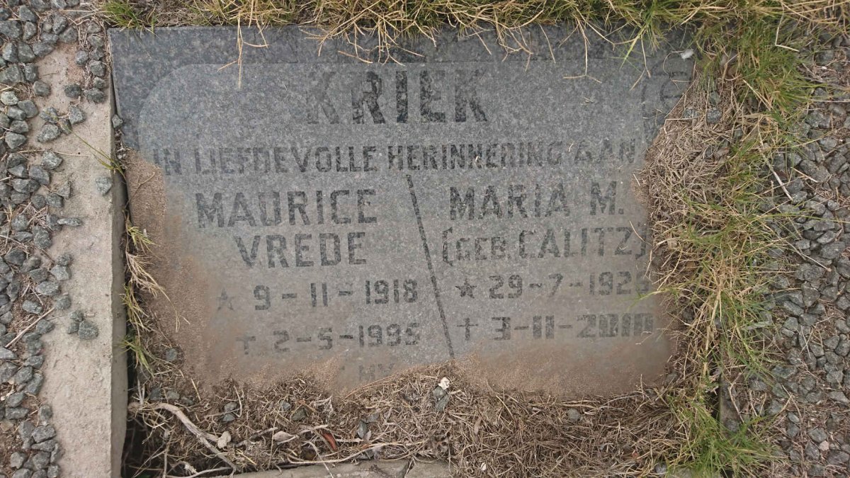 KRIEK Maurice Vrede 1918-1995 &amp; Maria M. CALITZ 1926-2010