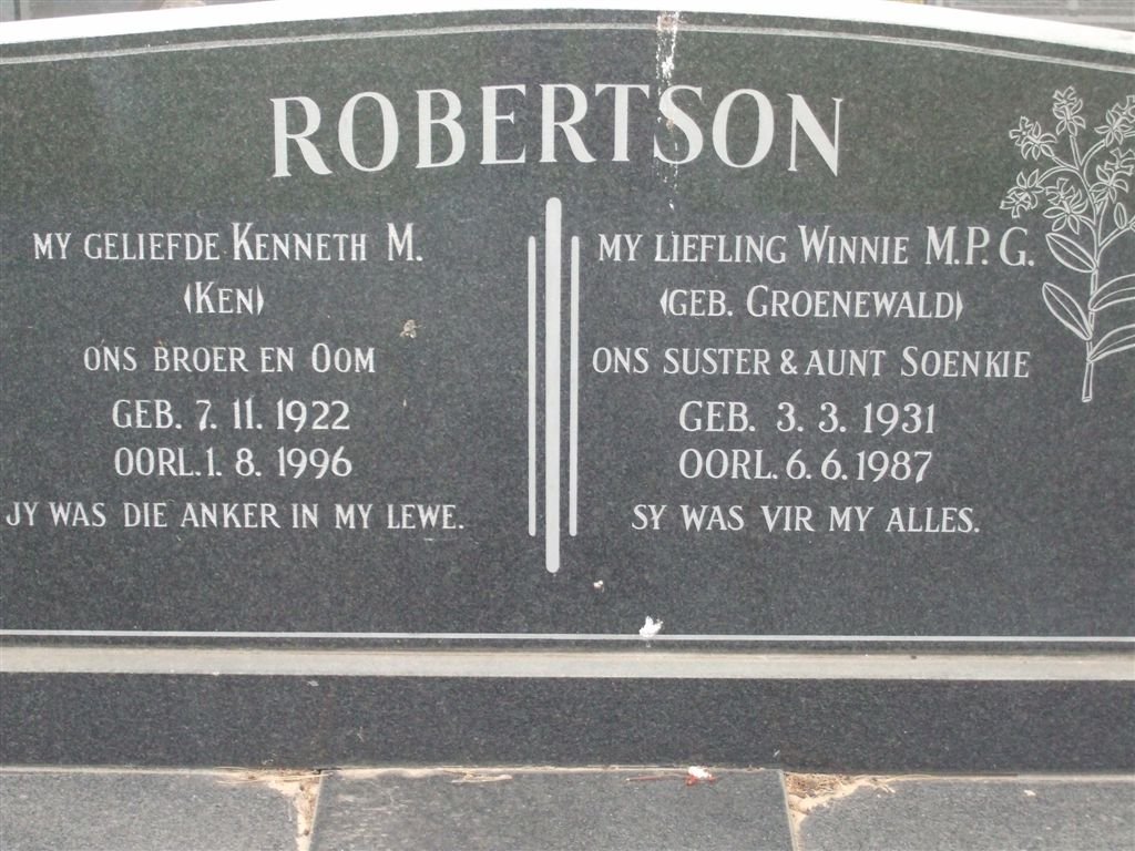 ROBERTSON Kenneth M. 1922-1996 &amp; Winnie M.P.G. GROENEWALD 1931-1987