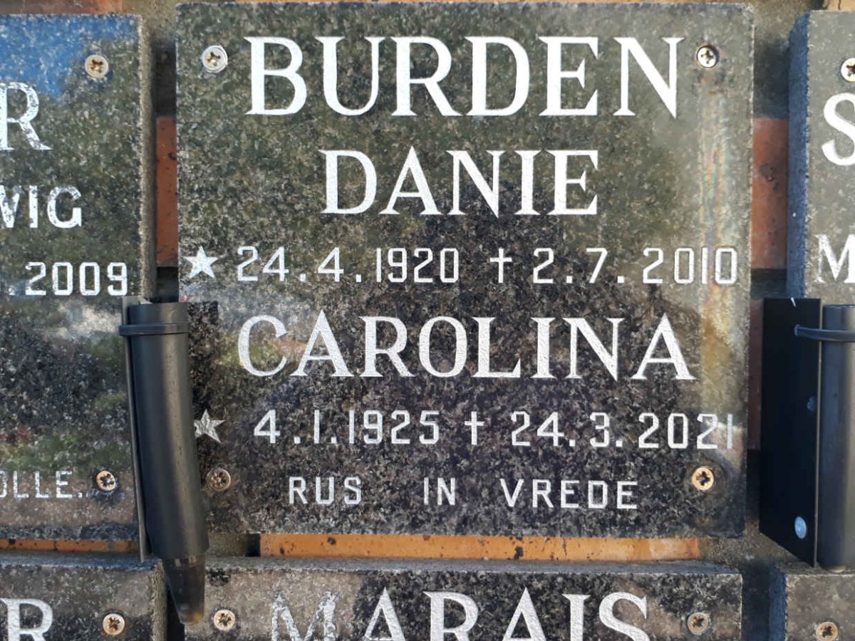 BURDEN Danie 1920-2010 &amp; Carolina 1925-2021