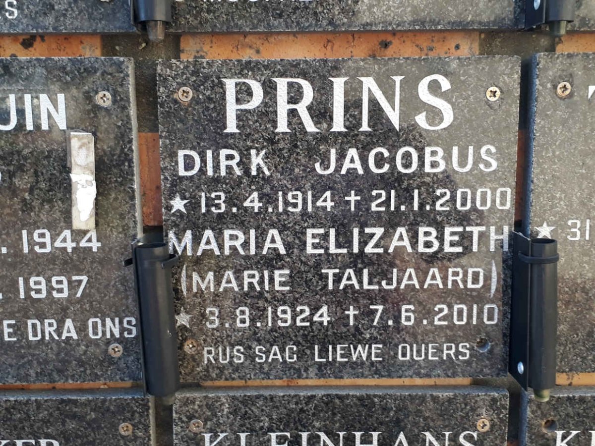 PRINS Dirk Jacobus 1914-2000 &amp; Maria Elizabeth TALJAARD 1924-2010