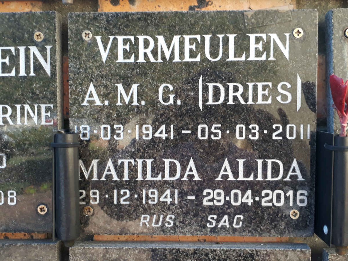 VERMEULEN A.M.G. 1941-2011 &amp; Matilda Alida 1941-2016