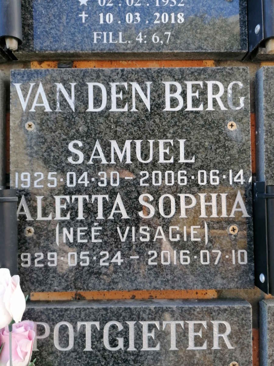 BERG Samuel, van den 1925-2006 &amp; Aletta Sophia VISAGIE 1929-2016