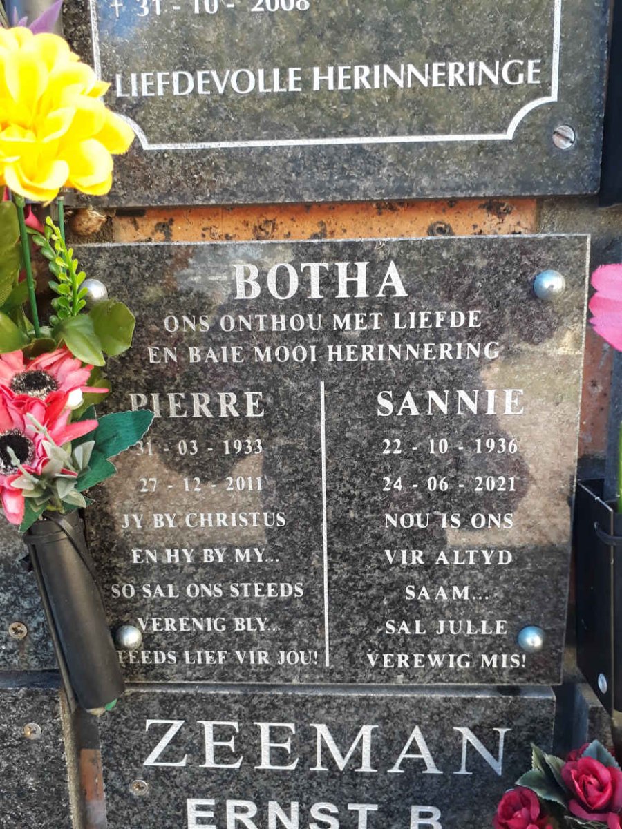 BOTHA Pierre 1933-2011 &amp; Sannie 1936-2021