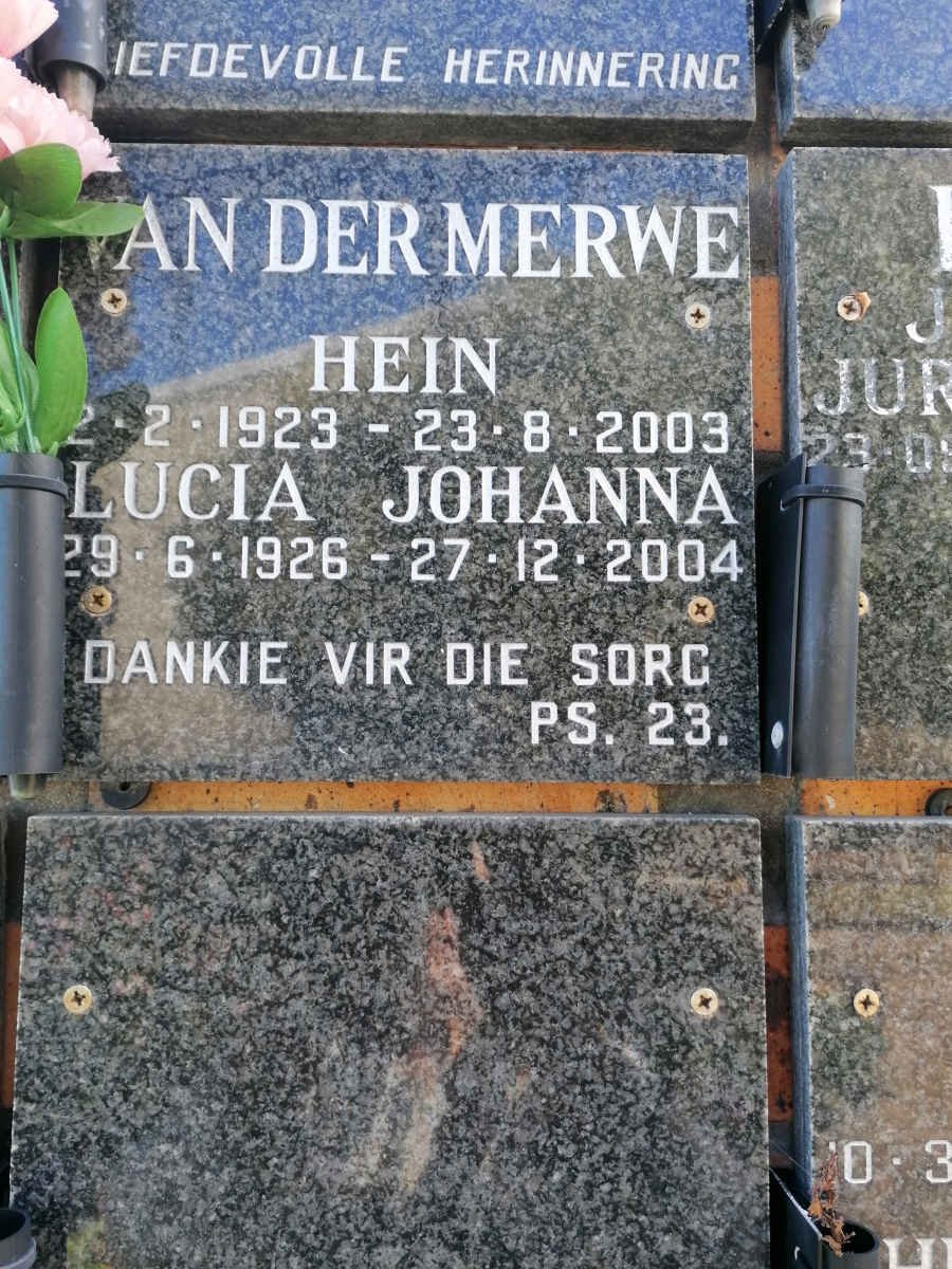 MERWE Hein, van der 1923-2003 &amp; Lucia Johanna 1926-2004