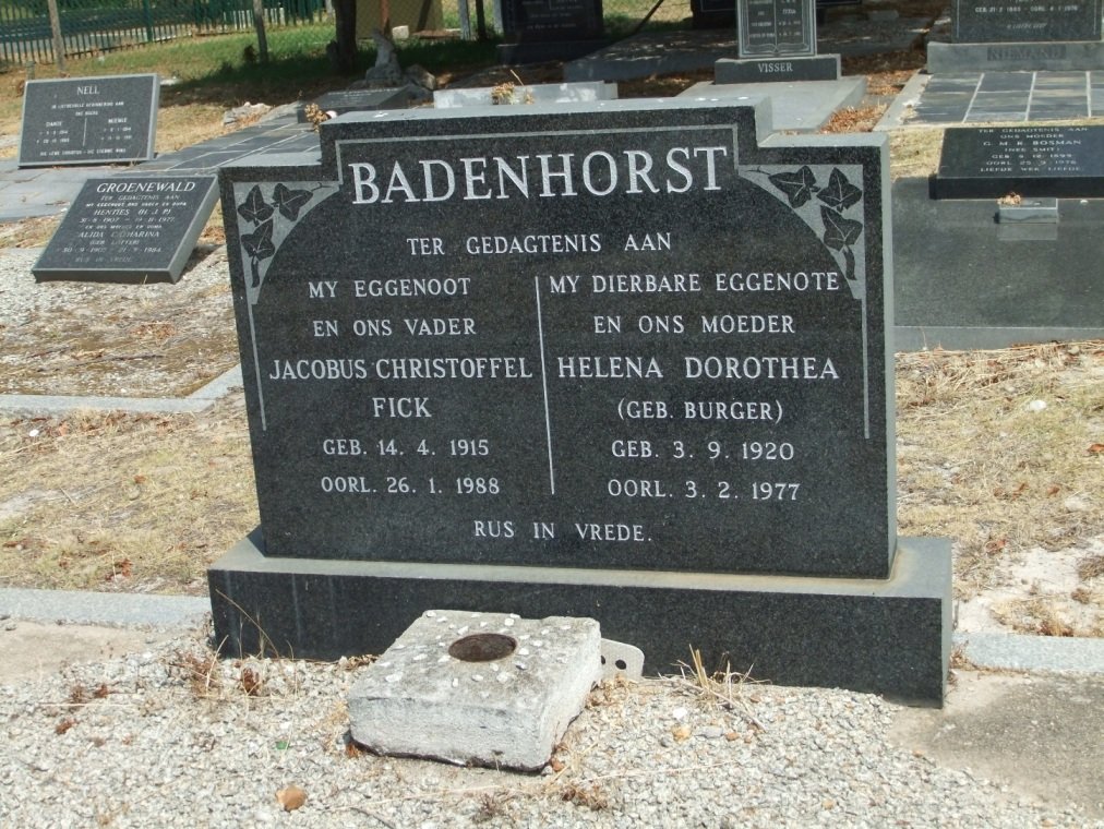 BADENHORST Jacobus Christoffel Fick 1915-1988 &amp; Helena Dorothea BURGER 1920-1977
