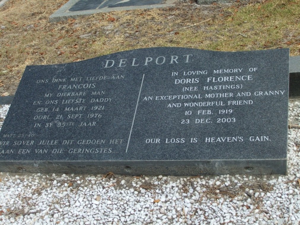DELPORT Francois 1921-1976 &amp; Doris Florence HASTINGS 1919-2003