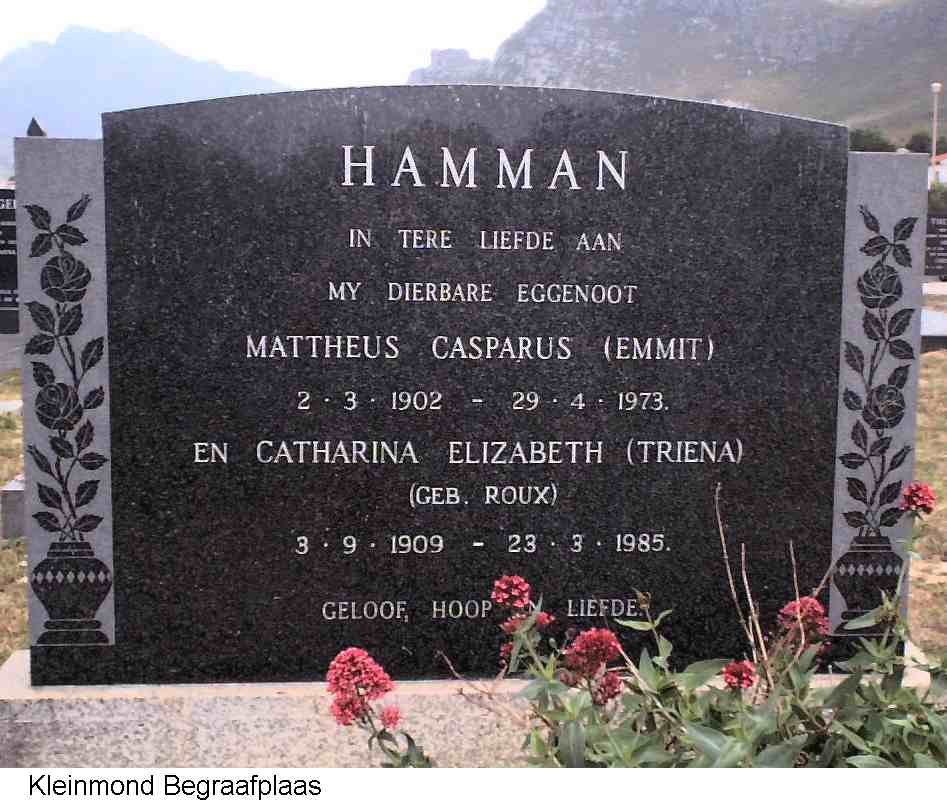 HAMMAN Mattheus Casparus 1902-1973 &amp; Catharina Elizabeth ROUX 1909-1985
