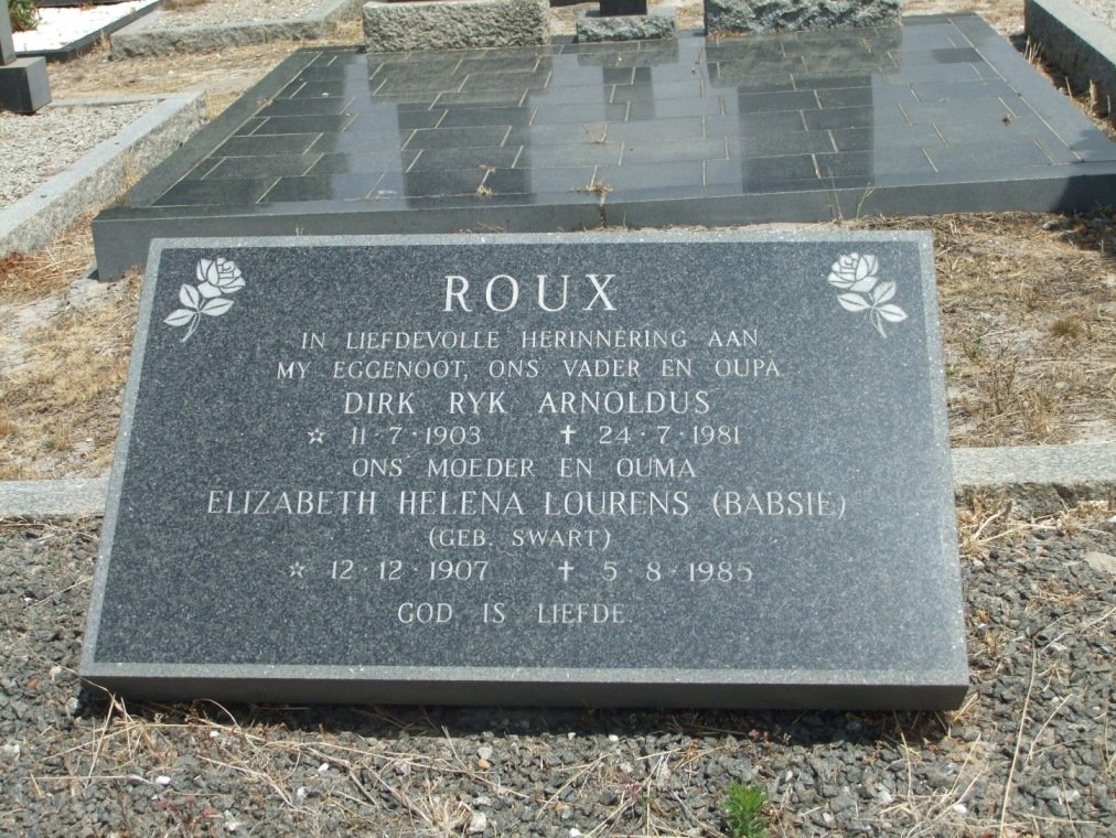ROUX Dirk Ryk Arnoldus 1903-1981 &amp; Elizabeth Helena Lourens SWART 1907-1985