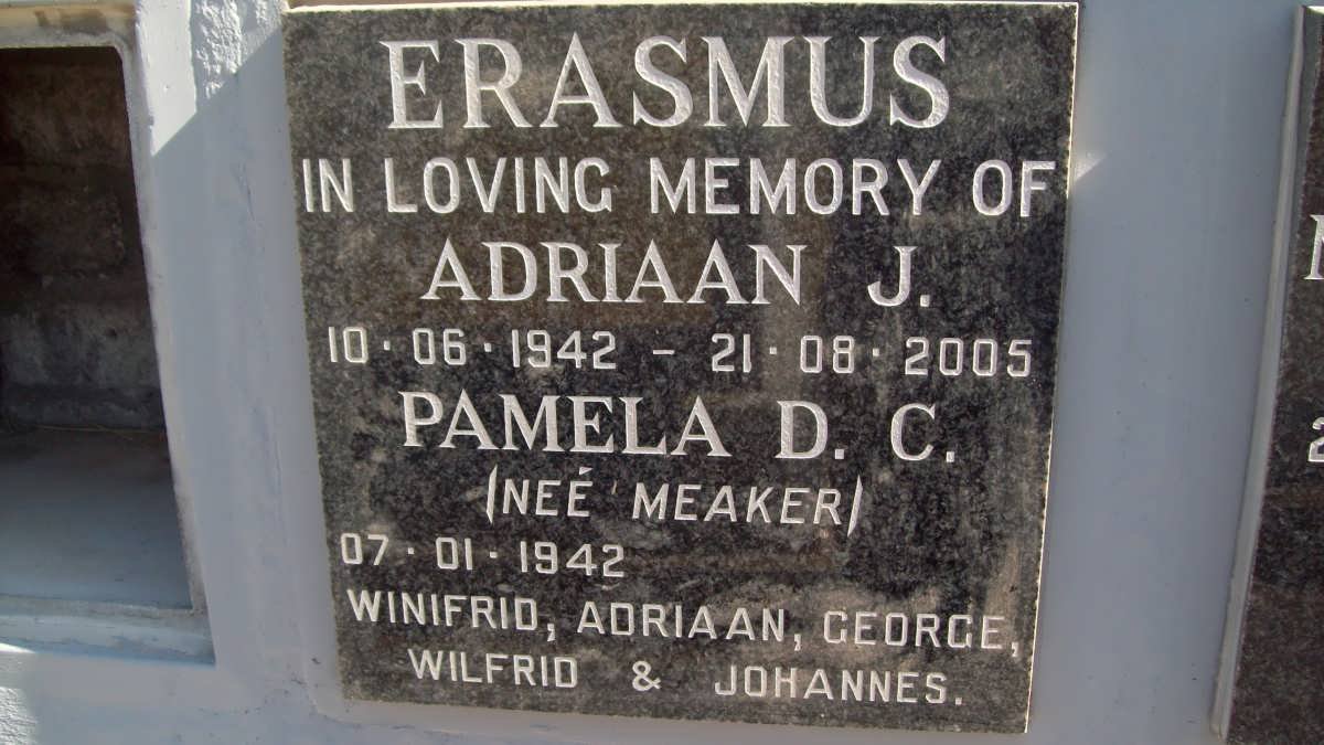 ERASMUS Adriaan J. 1942-2005 &amp; Pamela D.C. nee MEAKER 1942-