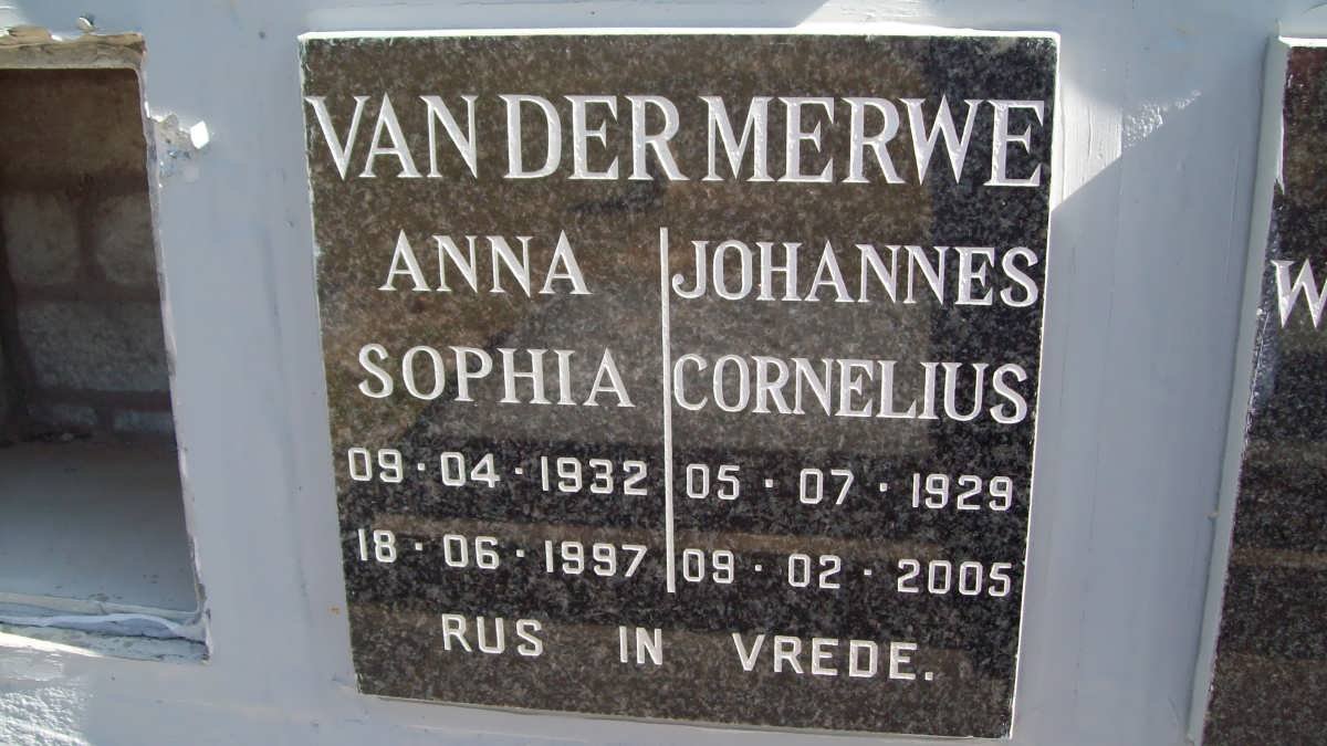 MERWE Johannes Cornelius, VAN DER 1929-2005 &amp; Anna Sophia 1932-1997